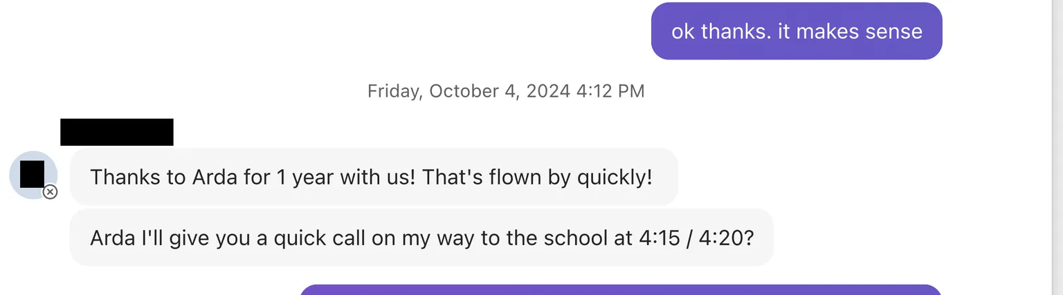 Microsoft Teams message: "Thanks to Arda for 1 year with us! That's flown by quickly!"